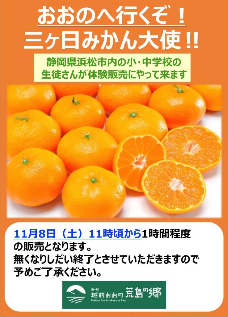 11/8(土)】三ヶ日みかんの販売🍊 | 道の駅「越前おおの 荒島の郷」